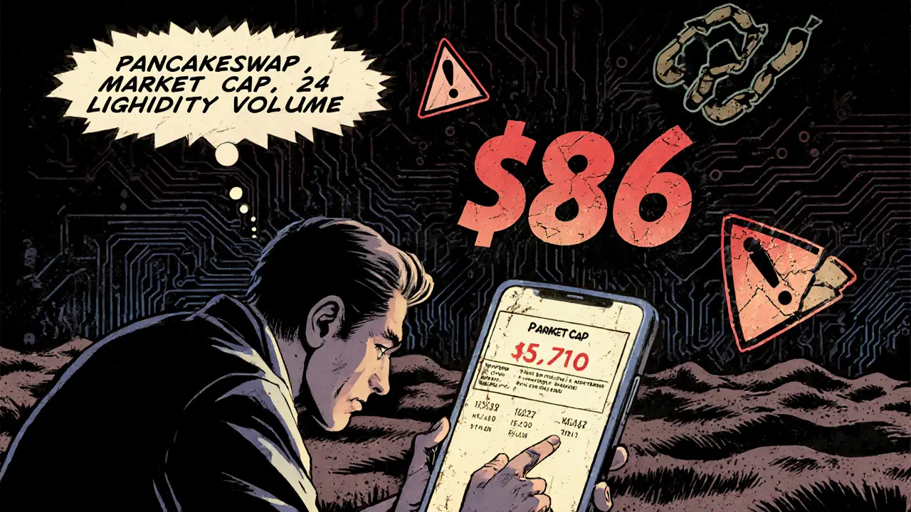 User on a phone looking at an empty PancakeSwap liquidity pool with low market cap numbers.