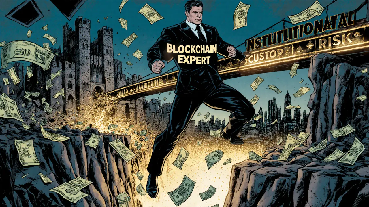 A blockchain expert leaping over financial risk toward a bridge of custody and training leading to opportunity.