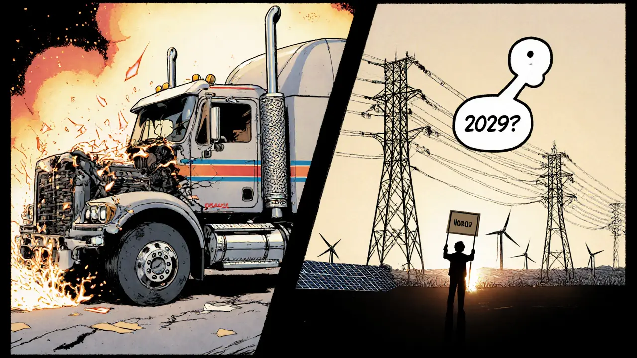 A broken truck with a powerful engine symbolizes Kazakhstan&#039;s failing grid despite renewable potential.