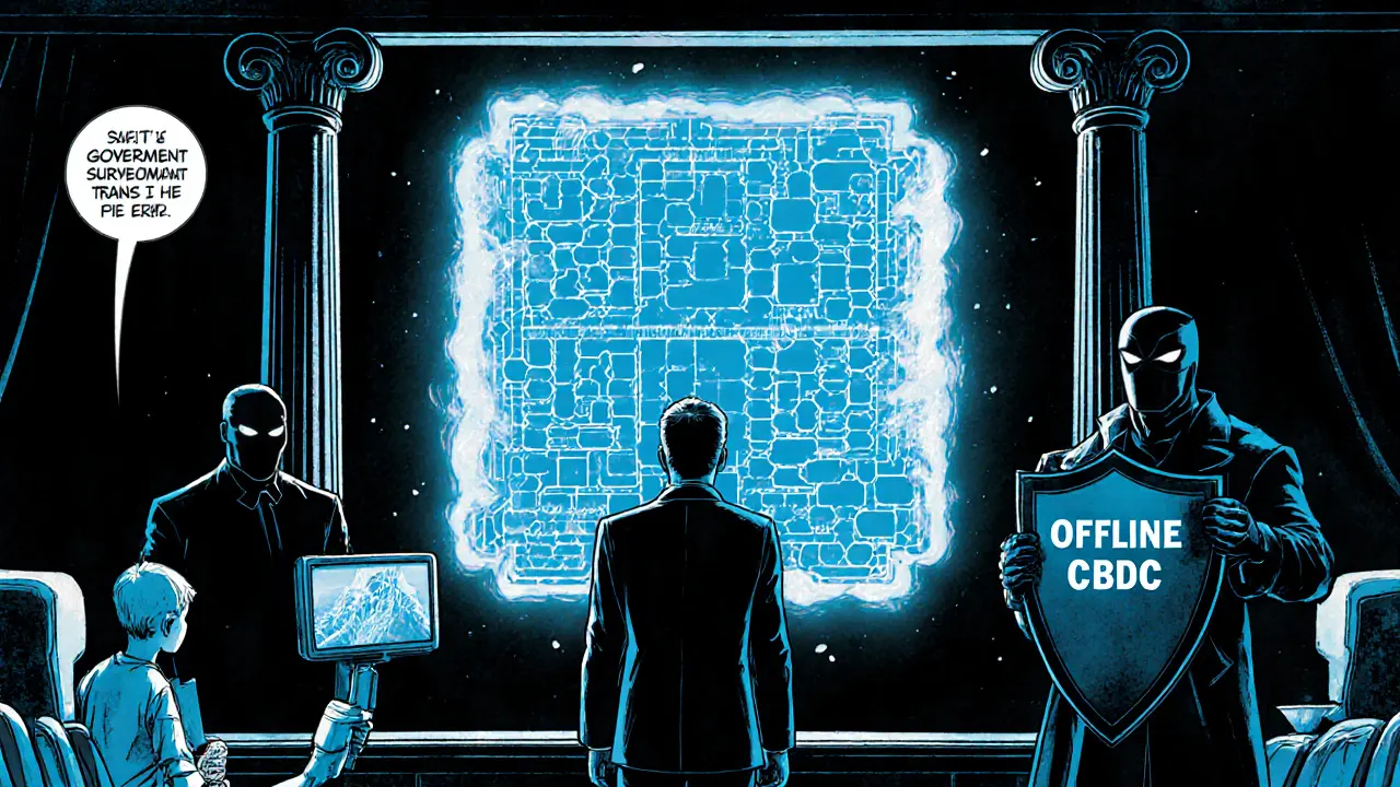 A citizen faces a glowing transaction ledger while a privacy shield blocks surveillance, in dramatic noir comic style.