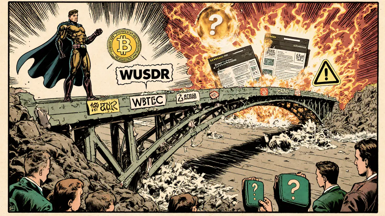 A crumbling WUSDR bridge collapses into darkness as a safe WBTC bridge stands strong with verified seals.