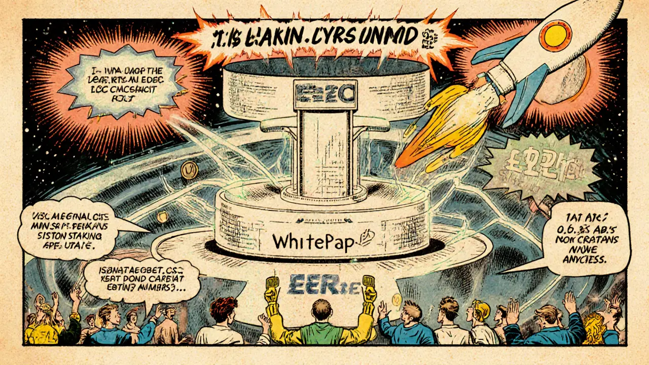 A digital ecosystem of WhiteBIT services connects to a rocket launching toward USDC staking and digital euro integration.