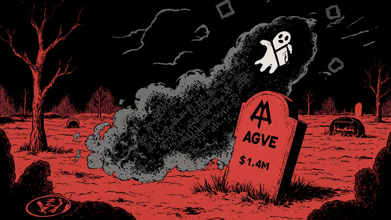 A digital ghost drifting through a barren blockchain wasteland beside a tombstone for the AGVE token.