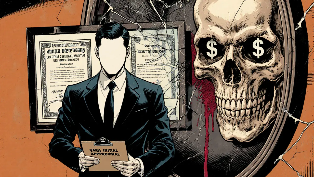 A faceless CEO holding fake licenses while a skull with dollar signs reflects in a cracked mirror, 1970s comic style.