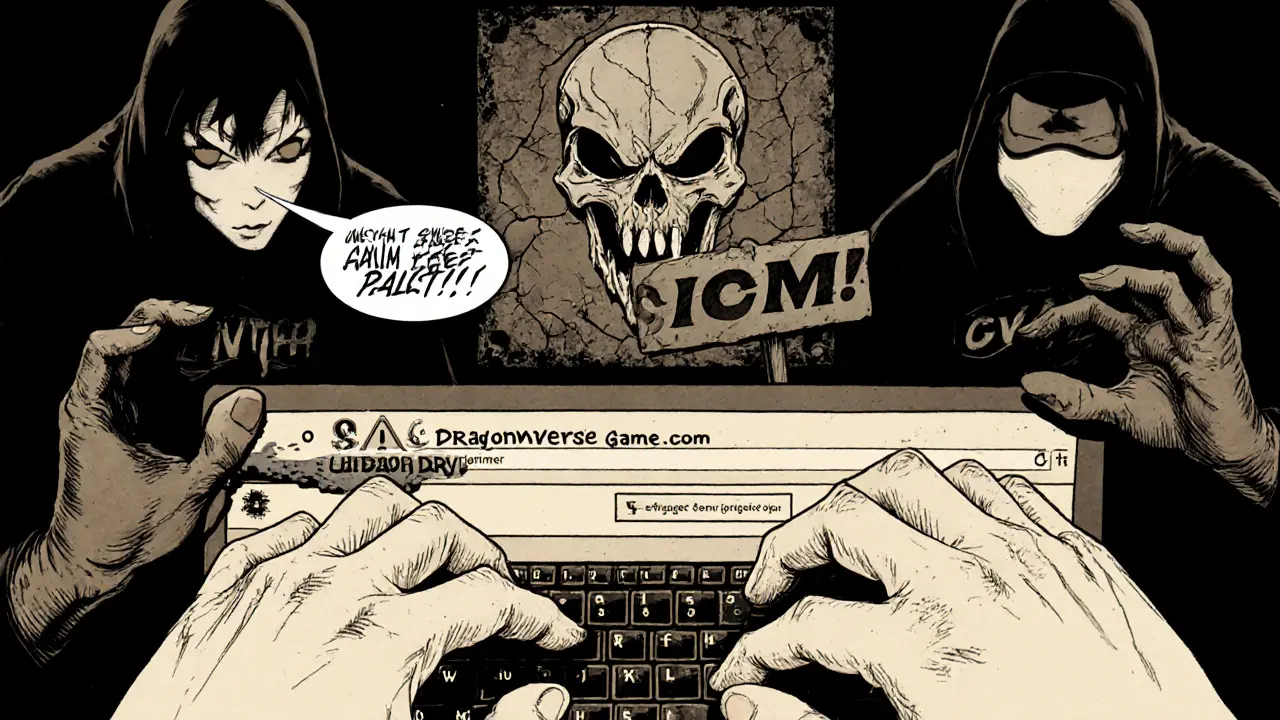 A hand hesitates over a wallet connection button while shadowy scam figures lurk with fake airdrop links.