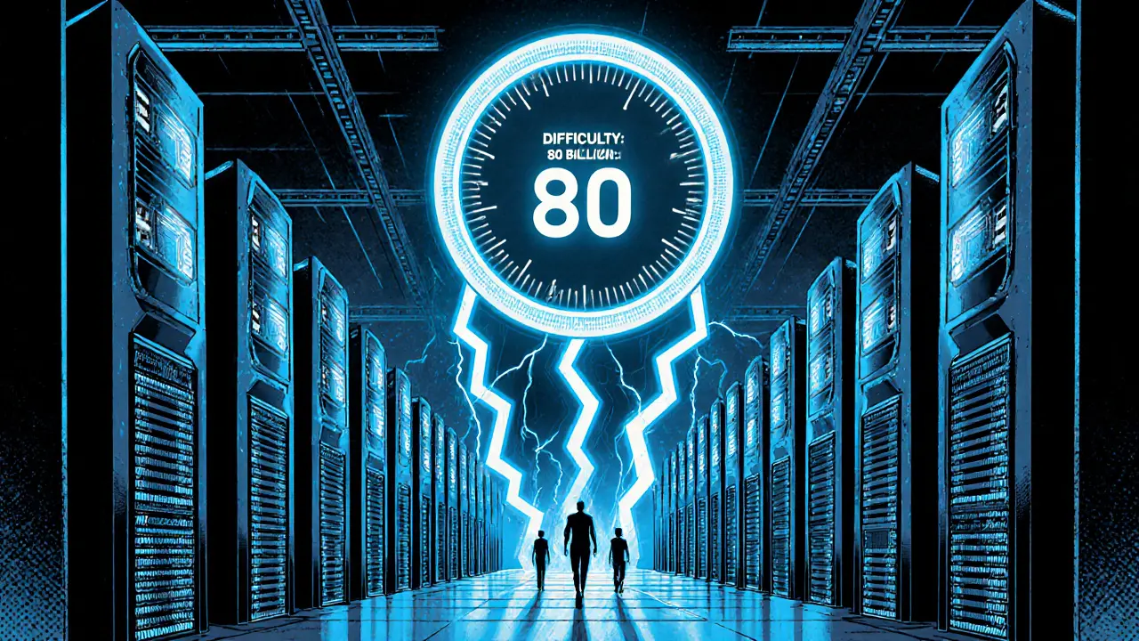 A massive mining farm with hundreds of ASIC rigs under neon lights, difficulty dial at 80 billion.