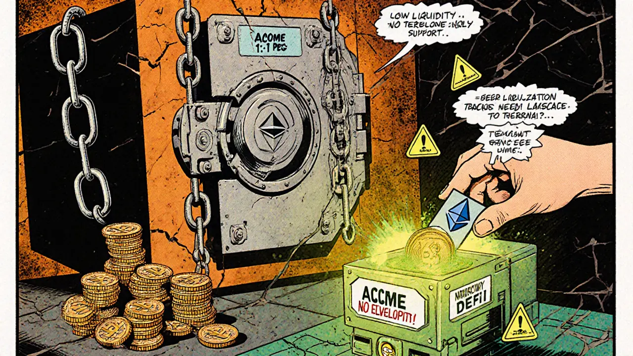 A mechanical vault locking ACME coins while a developer feeds WACME into an Ethereum machine.