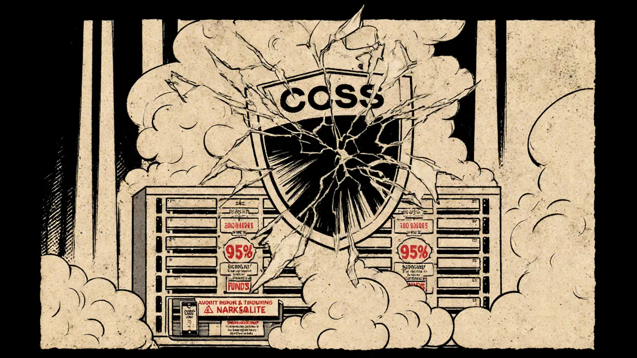A shattered security shield over a digital exchange with hidden vaults behind smoke.