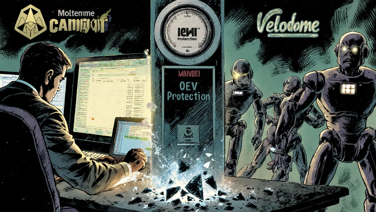 A trader&#039;s limit order freezes front-running bots with OEV Protection, broken ETH gas meter at feet in vintage comic style.