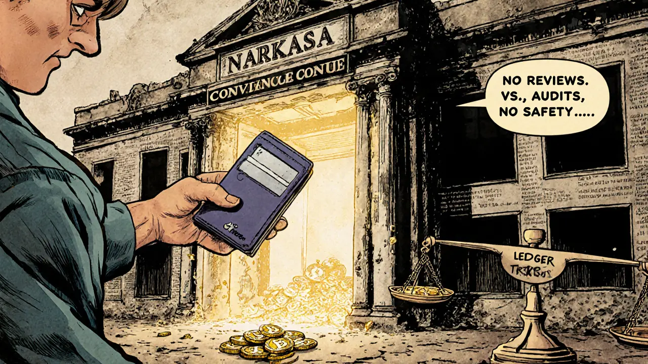 A user moving crypto to a hardware wallet as a crumbling exchange fades away.