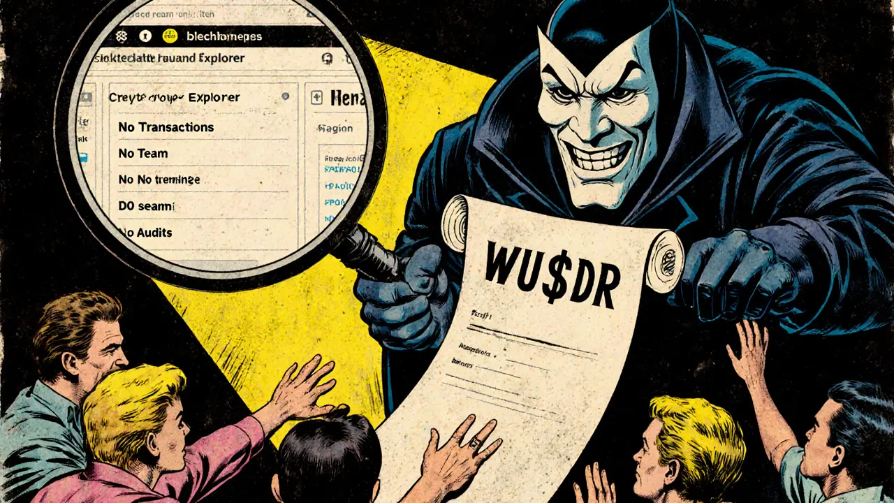 A villain offers a fake WUSDR token to eager users while a magnifying glass reveals empty blockchain data.