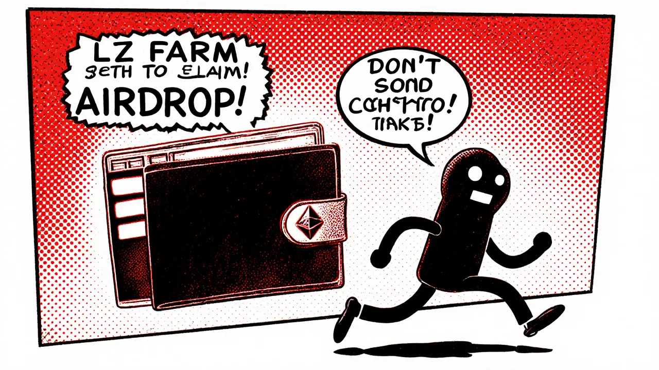 A wallet running from a scam airdrop sign while a safe wallet glows nearby, in vintage comic book art.