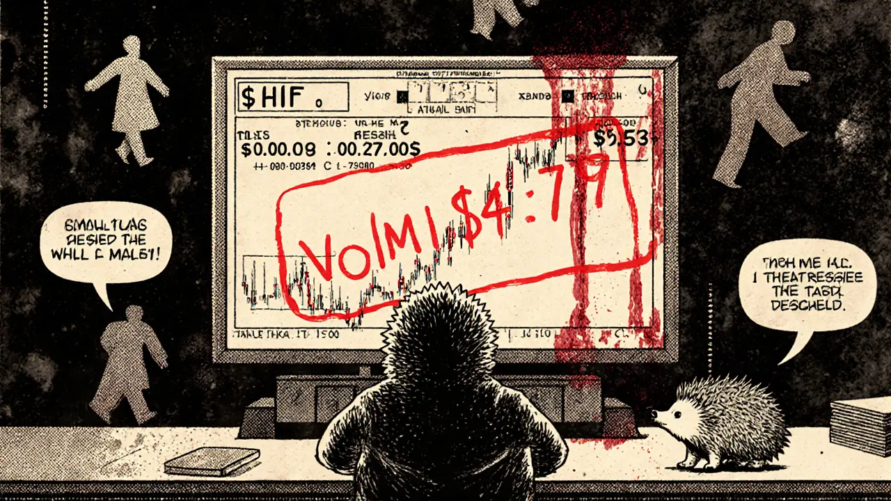 An empty trading terminal displays a near-zero HIF price with ghostly traders departing.