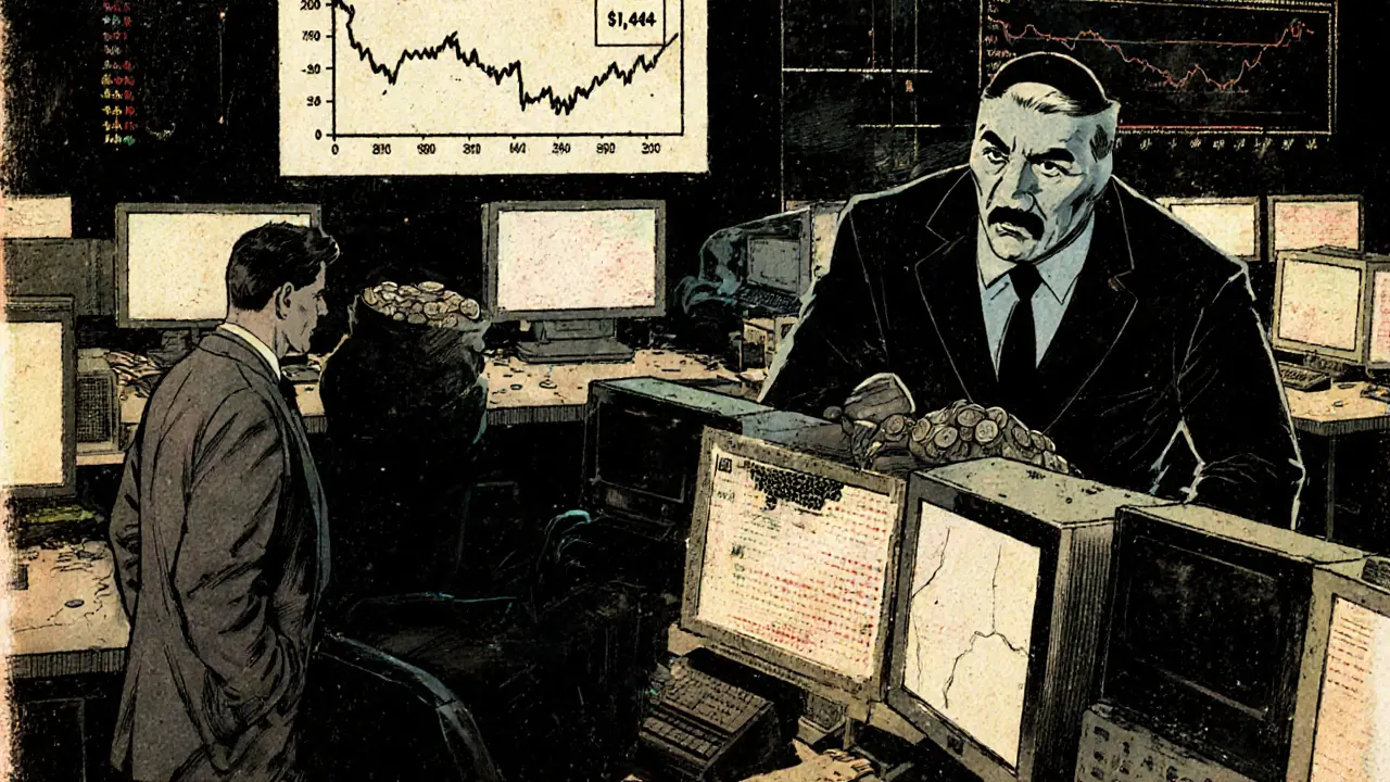 An isolated investor facing a crashing AGVE price chart as a shadowy pump-and-dump figure flees.