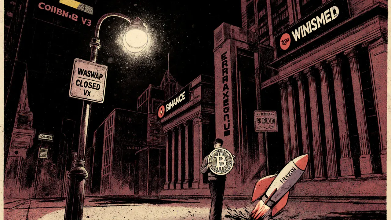 An isolated investor with a WACME token under a lone Uniswap lamp, surrounded by closed exchanges.