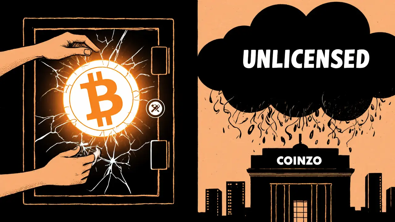 Bitcoin moving from Coinzo to hardware wallet as Coinzo logo cracks under regulatory storm, vintage comic style