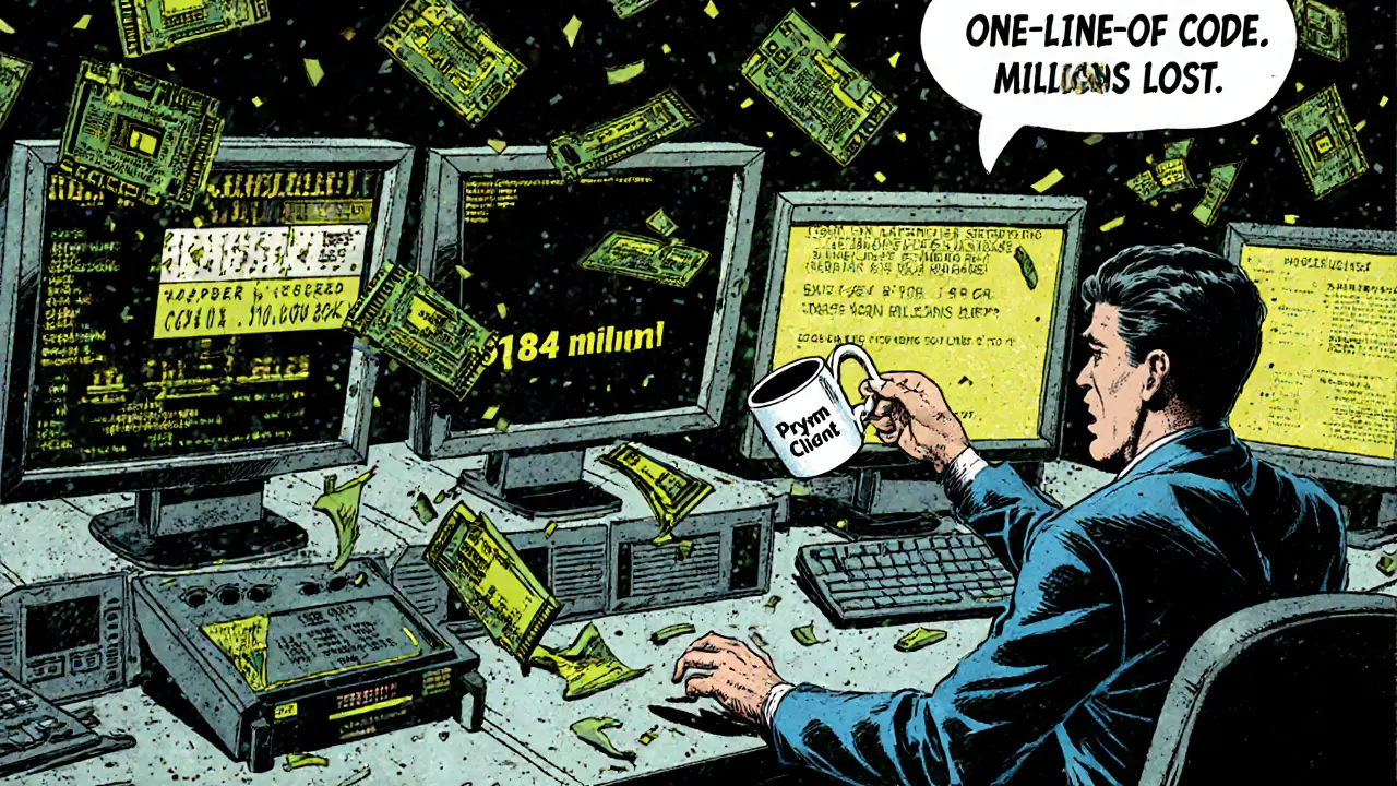 Chaotic server room with a panicked operator and a massive penalty alert, surrounded by falling software patches.