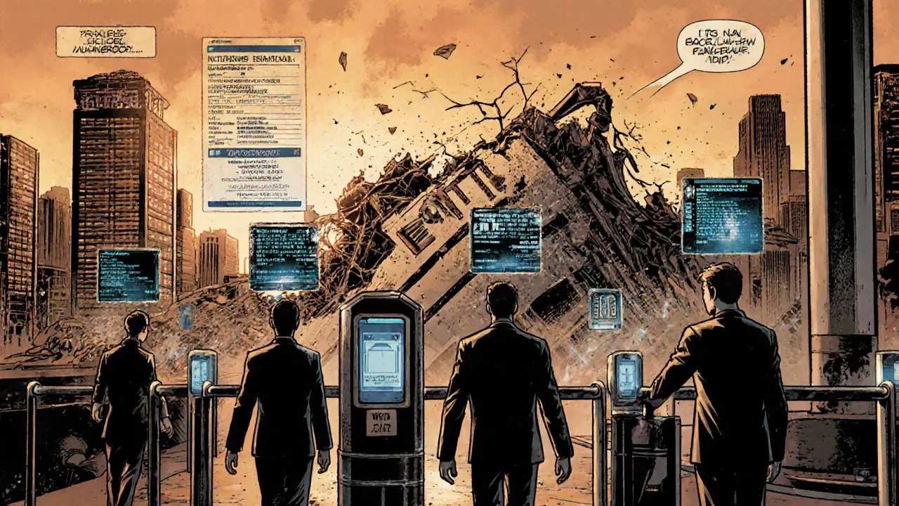 Citizens in a futuristic city using biometric login to access decentralized identities while old data centers crumble behind them.