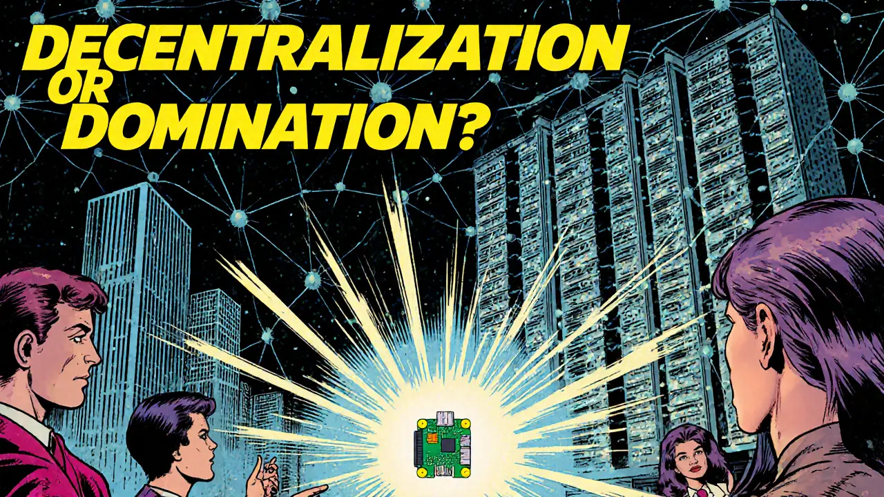 City skyline with tiny Raspberry Pi node glowing beside corporate servers, symbolizing decentralized future.