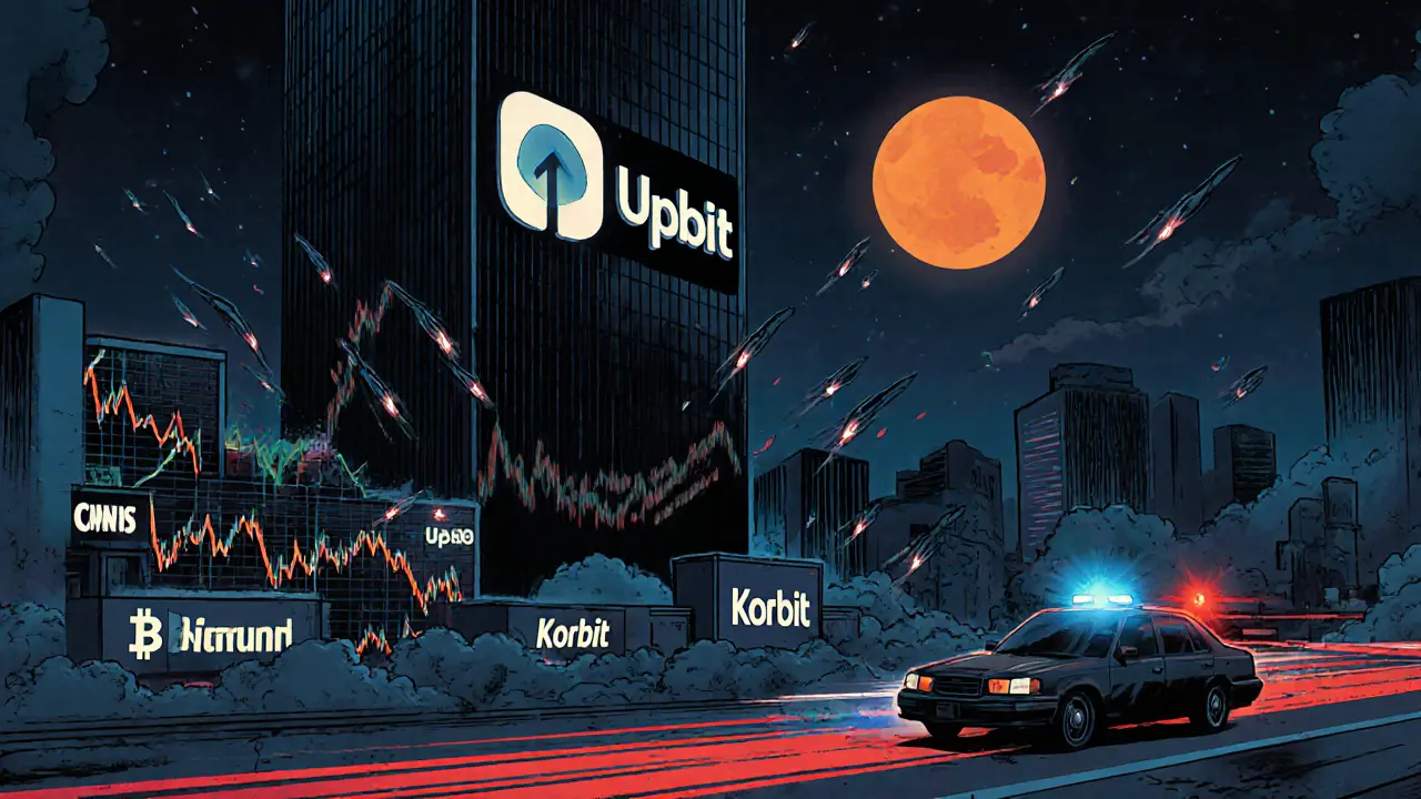 Cityscape at night with Upbit dimming as other exchanges glow, Bitcoin crashes in sky, police van speeds by.