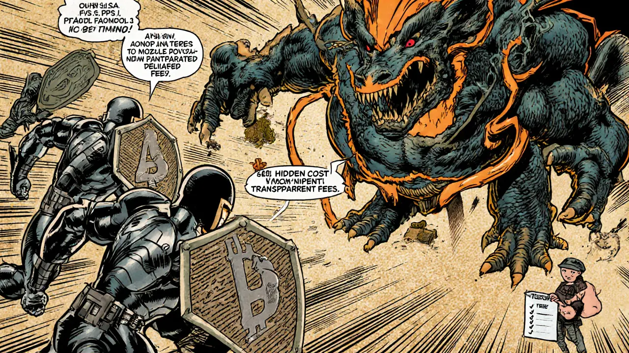 Comic book heroes representing top mining pools fighting a dragon of hidden costs, with bold shields and dynamic action lines.