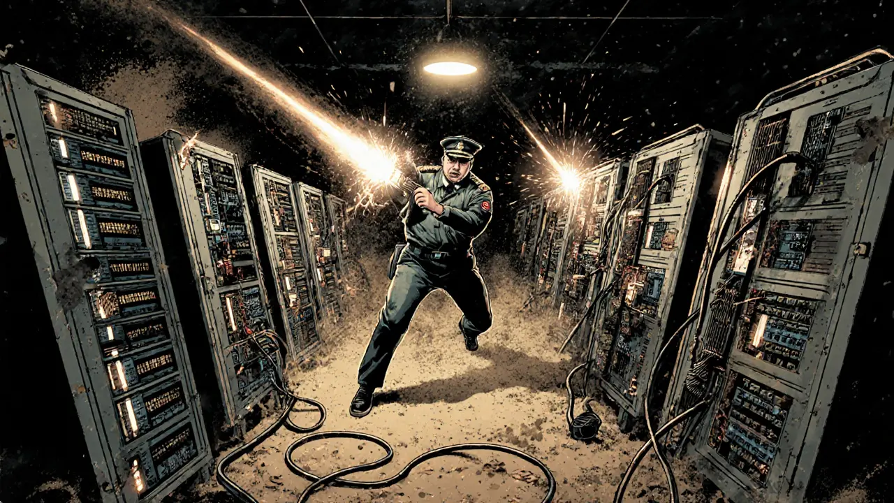 Energy officials raid a hidden crypto mining facility with sparks flying from seized rigs.