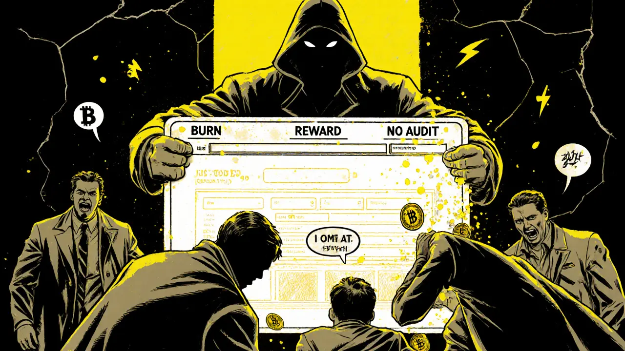 Faceless figures control a crypto scam from behind a screen as users&#039; tokens turn to dust in mid-air.