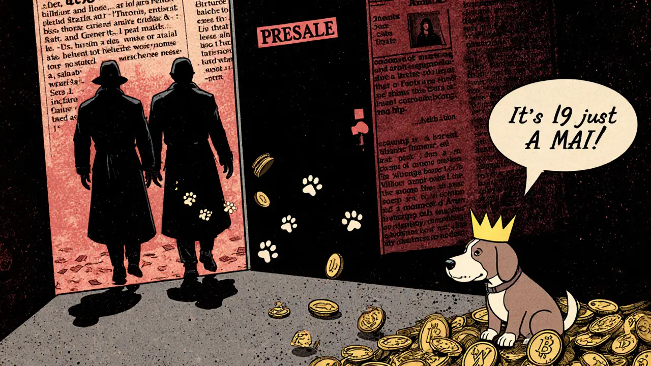 Faceless team escaping with presale money, dog sits on pile of worthless tokens, coins turning to dust