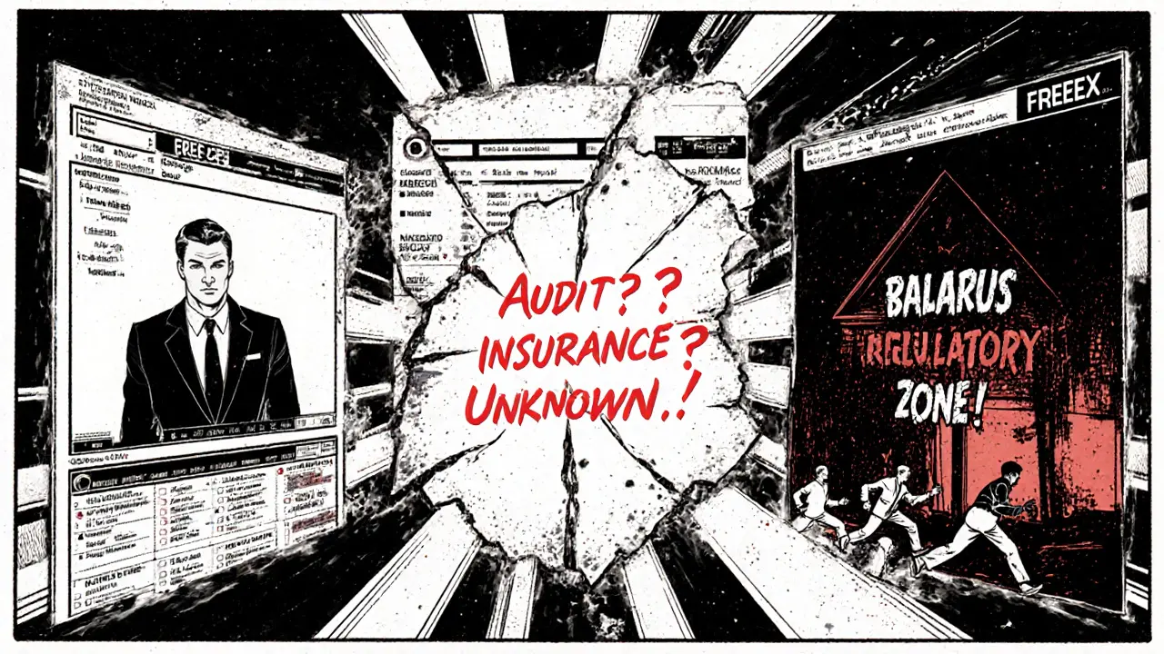 Fractured mirror showing three versions of FREE2EX: clean, crumbling, and haunted house