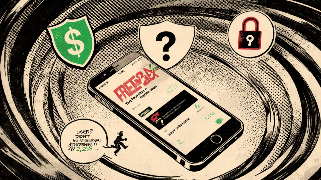 FREE2EX app floating with warning icons, cracked shield, and vortex labeled &#039;No Withdrawal&#039;