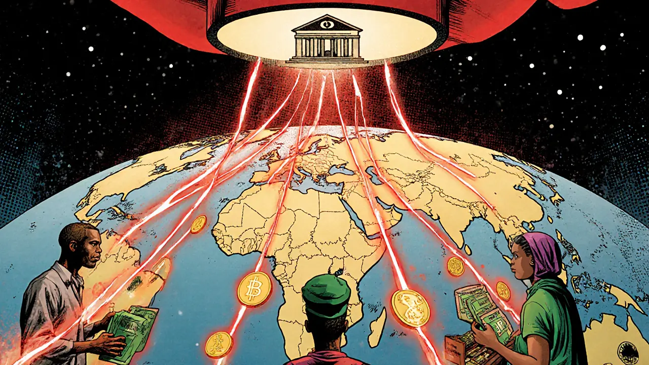 Glowing digital currency streams connect nations on a map, with citizens using CBDCs under a protective central bank emblem.