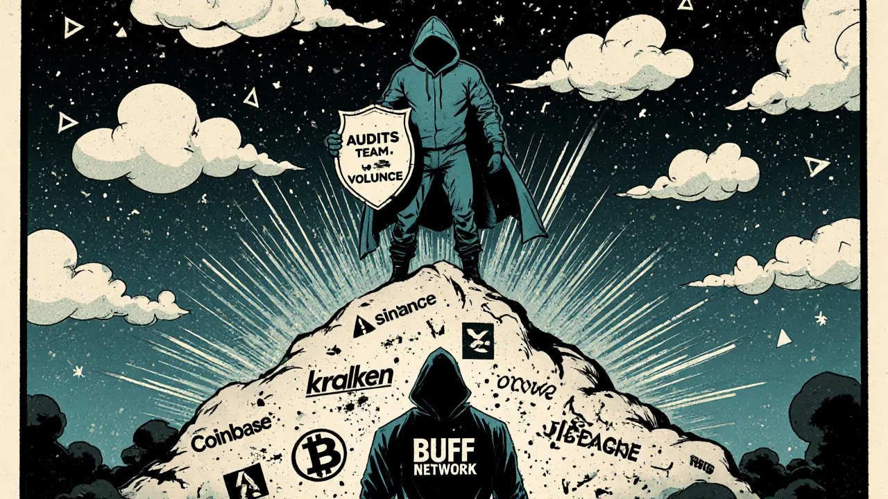 Hero standing on trusted exchanges as fake Buff Network dissolves into smoke.