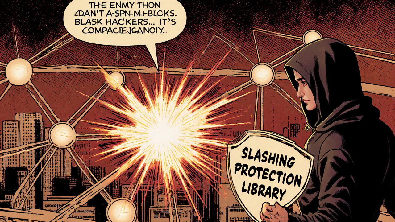 Interconnected ETH nodes with one exploding, a hero holding a shielding tool labeled &#039;Slashing Protection Library&#039;.