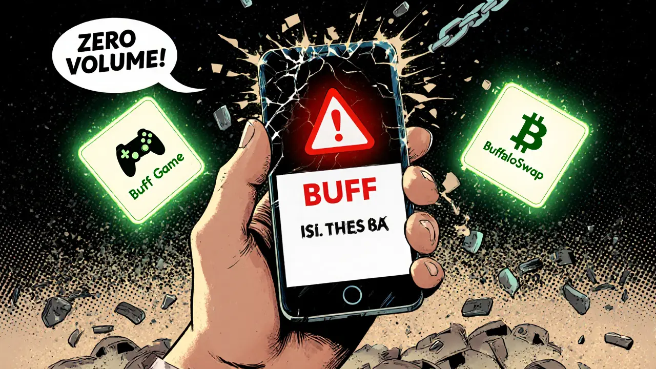 Investor confused between Buff Network, BUFF Game, and BuffaloSwap with phishing warning.