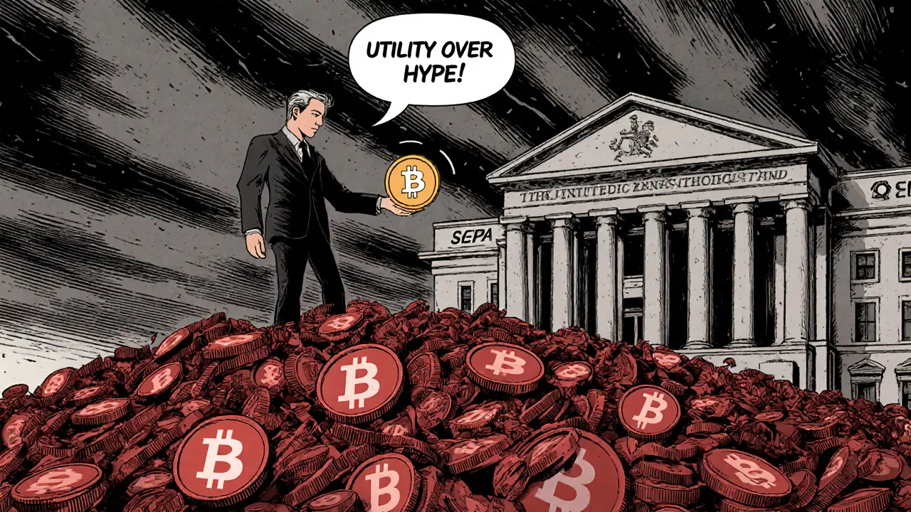 Investor stands atop fallen crypto coins, holding a small glowing EQX token.