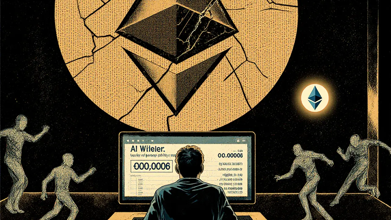 Investor staring at near-zero Wiener AI price on screen, ghostly buyers fleeing, broken AI logo above