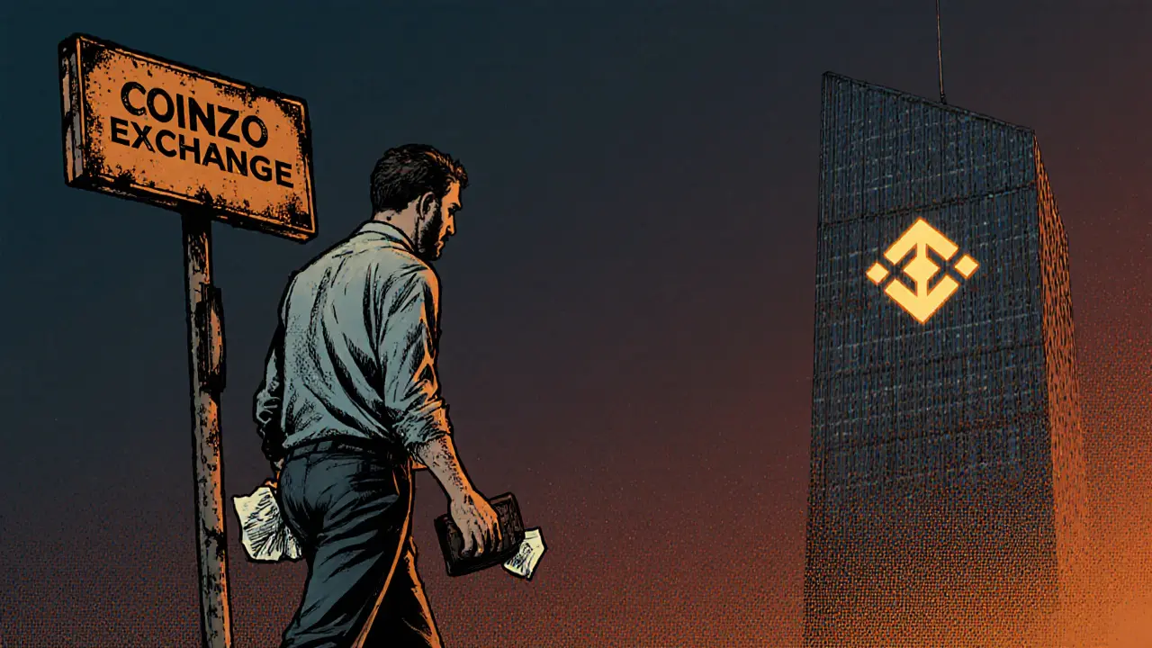 Man walks away from crumbling Coinzo sign as Binance glows in distance, vintage comic book style