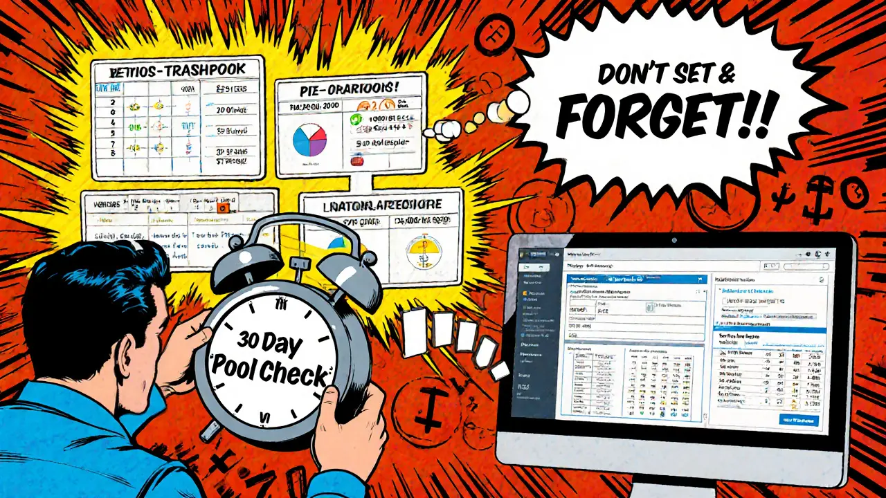 Miner setting a 30-day reminder to check mining pool performance, surrounded by before-and-after payout panels in vintage comic style.
