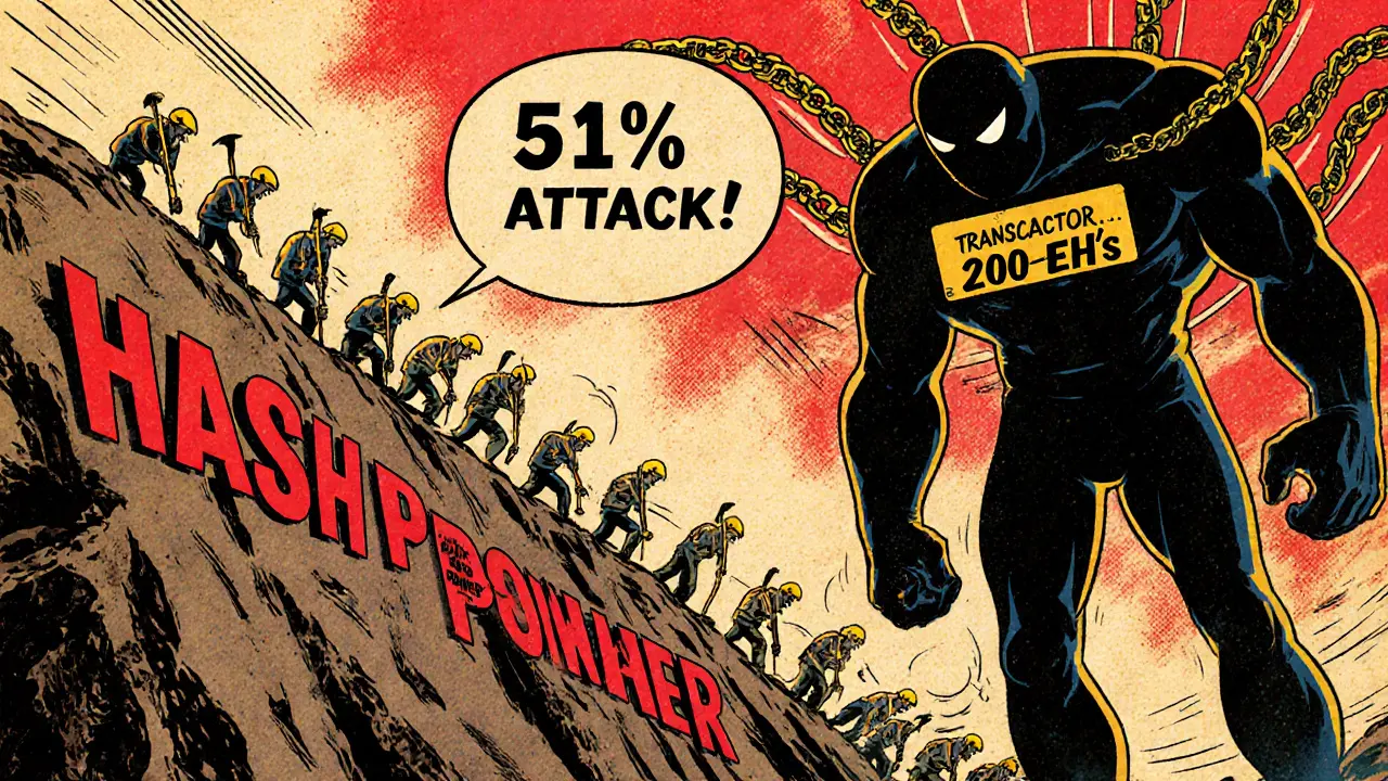 Miners climbing a difficulty mountain while a monstrous 51% attack looms in the background.