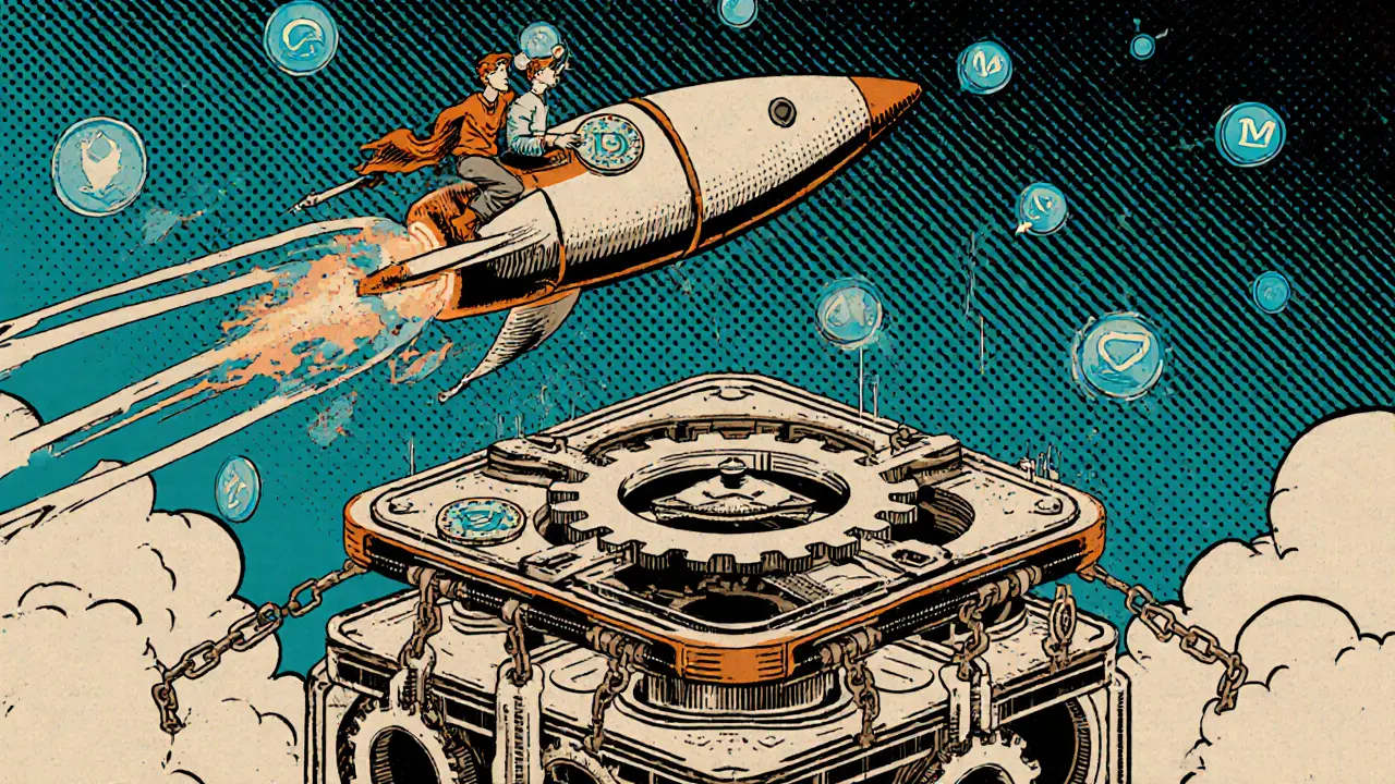 Modular blockchain layers: Ethereum, Arbitrum, and Molten rocketing through Celestia data blobs in retro comic art.