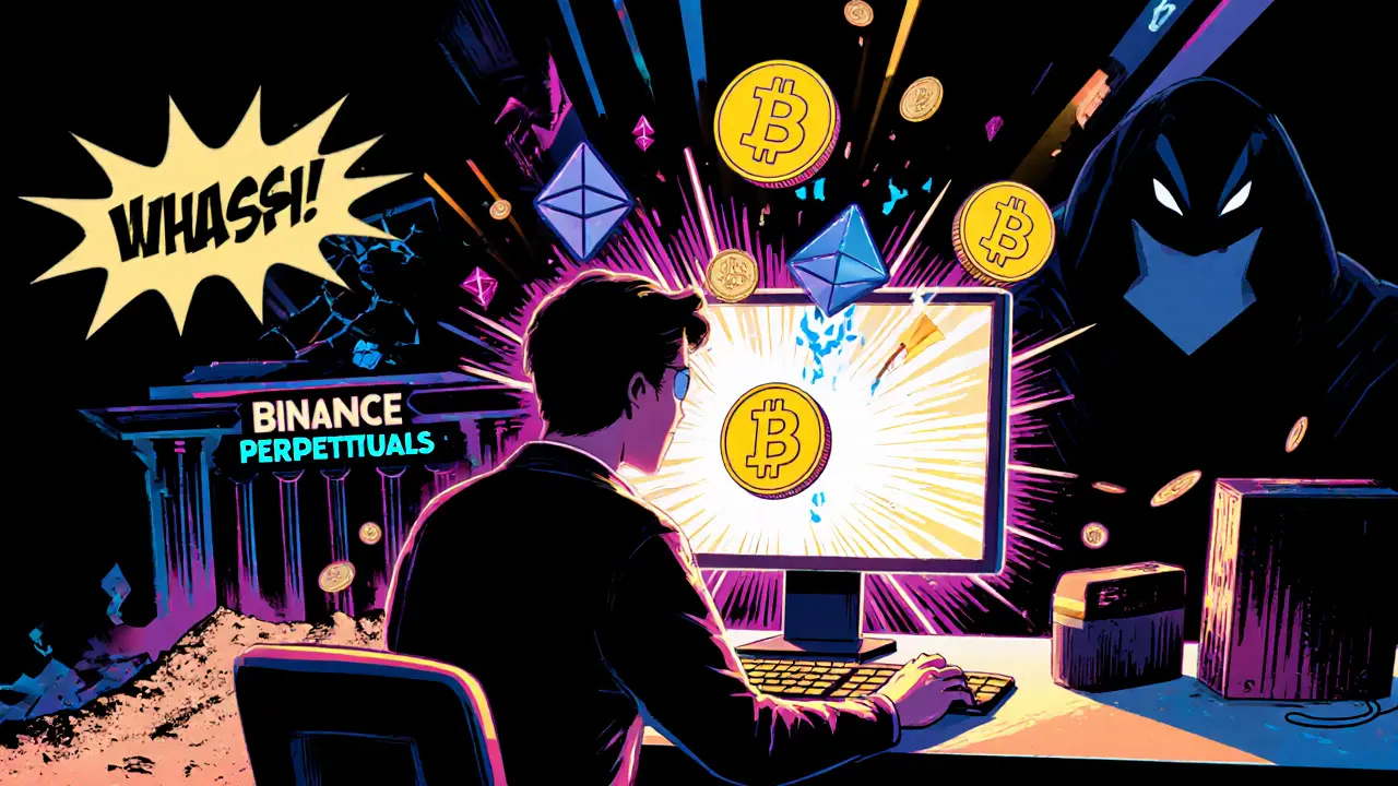 Retail trader receiving physical crypto through a glowing portal while offshore exchanges crumble.