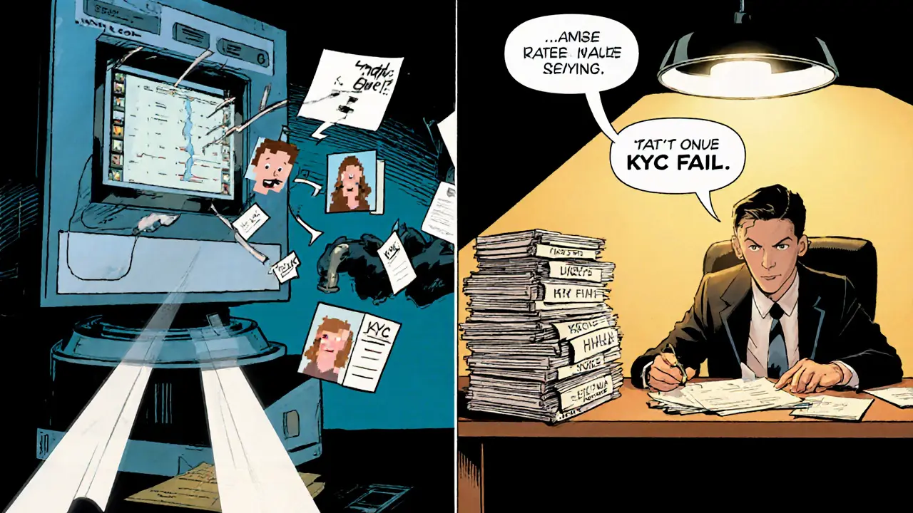 Split-panel comic showing failed automated ID scans vs. human auditor reviewing documents under a lamp.