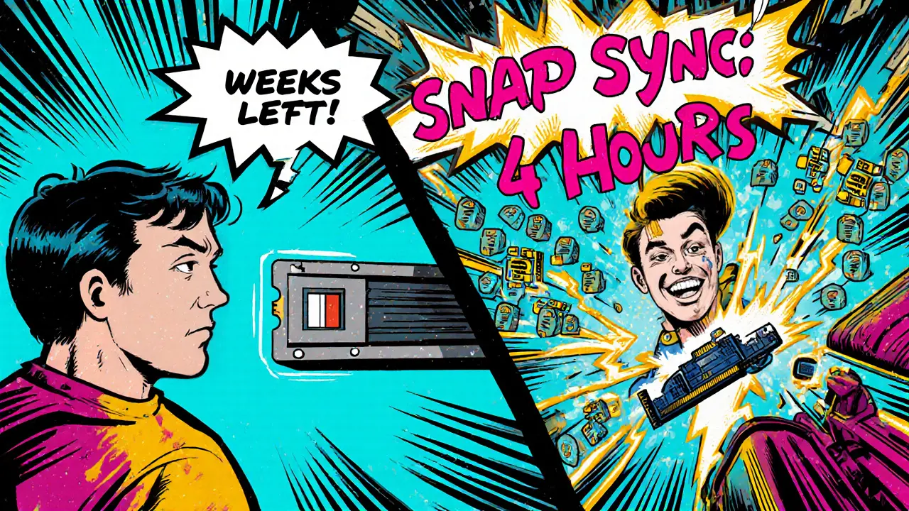 Split-panel comic showing slow HDD sync vs fast SSD snap sync with dramatic motion and color contrast.
