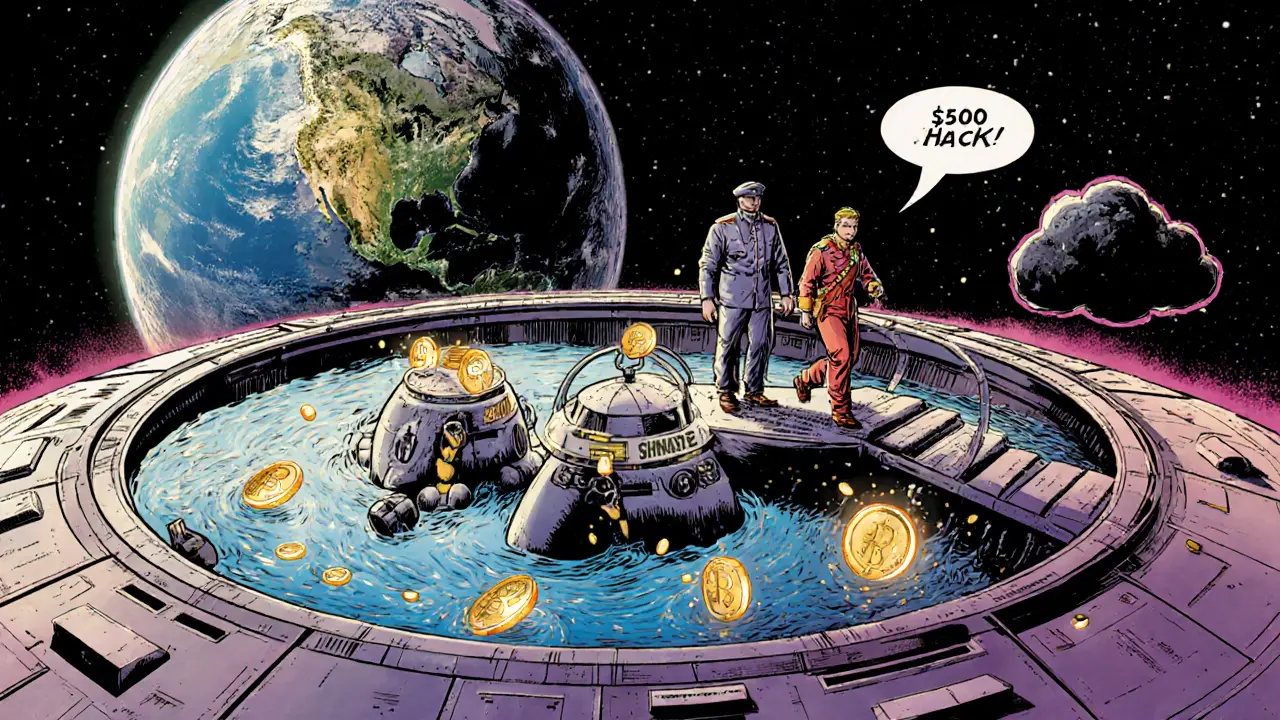 Staking pool spaceship with delegators boarding, liquid staking tokens floating, and a &#039;HACK&#039; threat cloud.