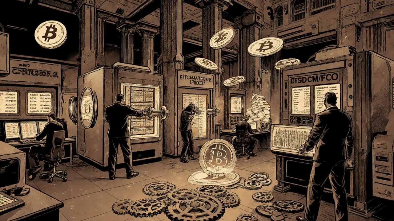 Steampunk trading floor with physical crypto delivery under CFTC oversight.