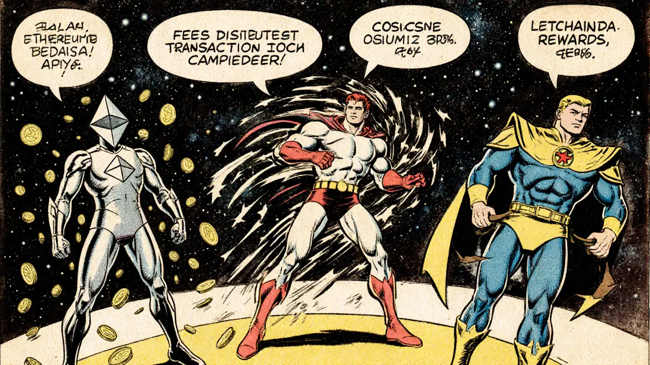 Three blockchain superheroes—Ethereum, Solana, Cosmos—competing in a cosmic arena with APY symbols.