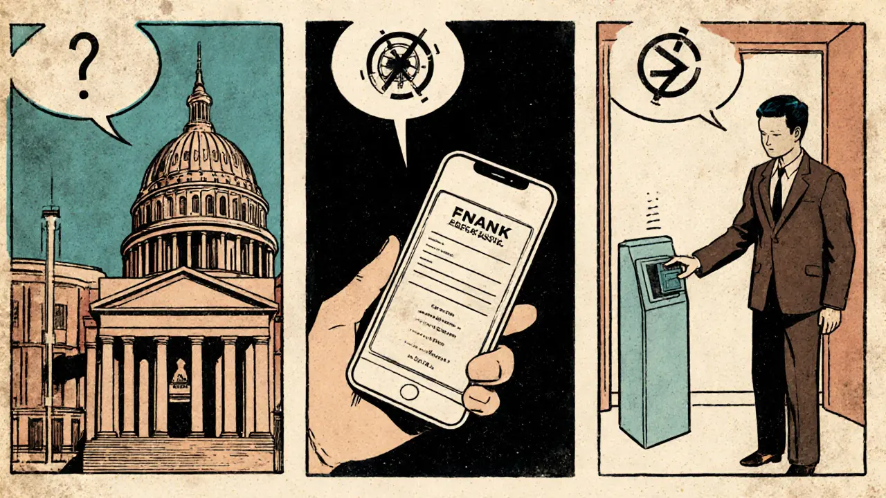Three-panel comic showing issuance, storage, and verification of a digital identity without revealing personal data.