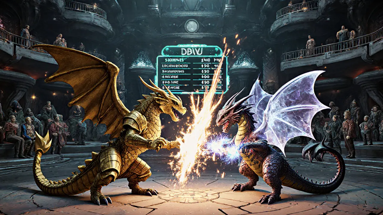 Three unique dragon NFTs battle in a vibrant 3D metaverse arena with players watching on floating platforms.
