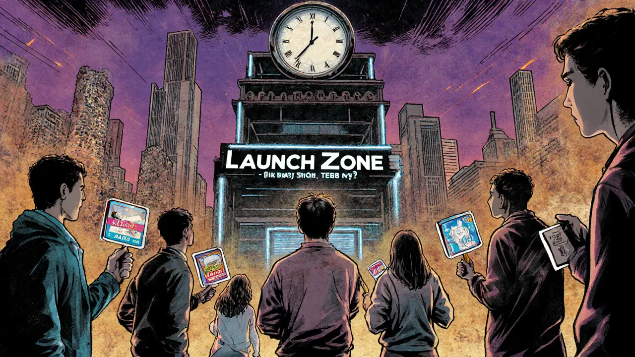 Users holding NFTs from other projects gazing at an unfinished LaunchZone building under a TBA clock.