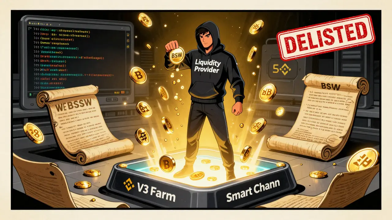 A crypto user depositing tokens into a Biswap V3 Farm, earning BSW rewards as golden coins fall around them.